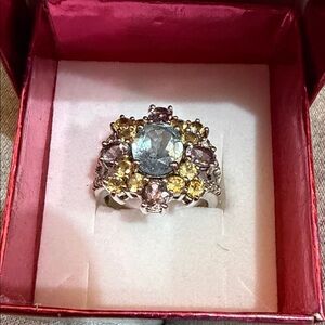 Sterling Silver Cluster Cocktail Ring with Blue Center and Yellow Accents